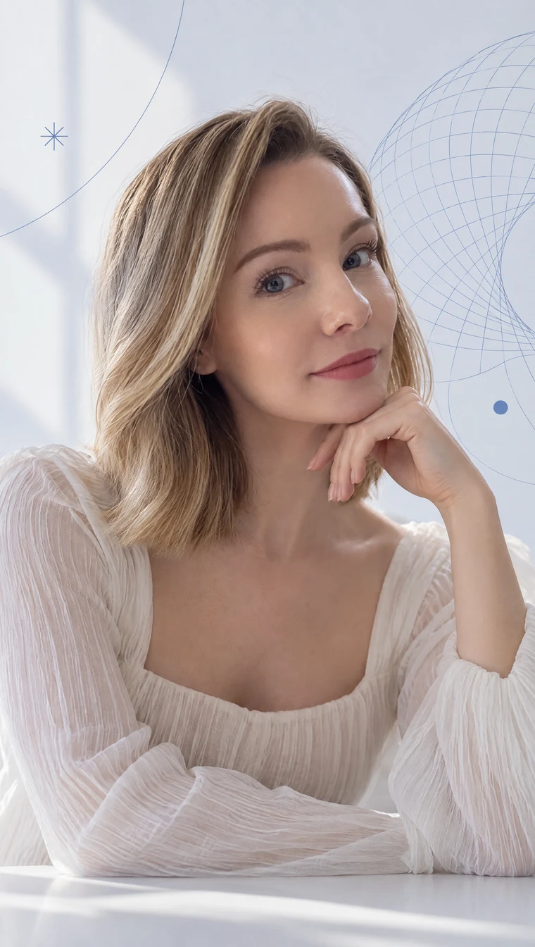 Ashley with a delicate blue geometric backdrop